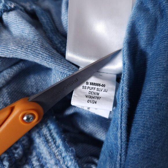 Old Navy Womens Denim Jumpsuit M Petite Blue Puff Sleeve Farmcore Cottagecore - Picture 11 of 13